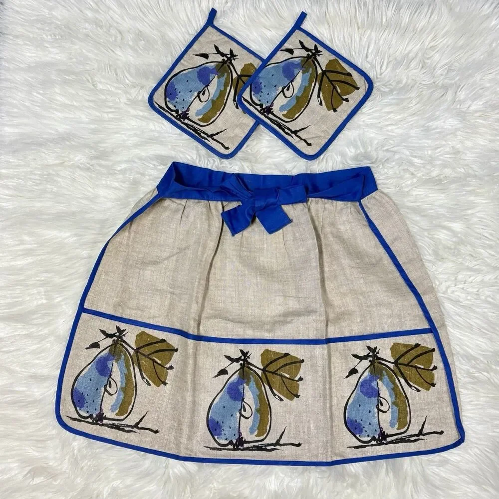 Vintage Vera Neumann Linen Blue Pear Pocketed Apron w/ Matching Pot Holders